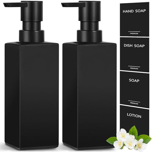GMISUN Hand Soap Dispenser 2 Pcs Black Glass Soap Dispensers for Bathroom 12 Fl oz Dish Soap Dispenser Set for Kitchen Refillable Washing up Liquid Dispensers with Labels Handwash Pump Bottle