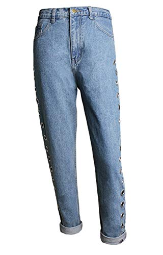 Sorrica Women's Juniors Boyfriend Jeans Hollow Out Hole Straight Leg Denim Pant (29, Blue)