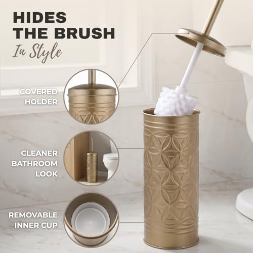 Image of Autumn Alley Farmhouse Antique Gold Bathroom Accessories Set - Includes Gold Bathroom Trash Can & Toilet Brush with Holder, Handcrafted Modern Waste Bin & Standing Toilet Brush, Embossed Metal Decor