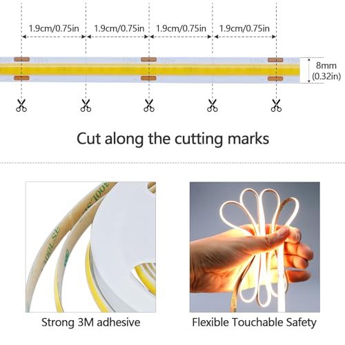 GOMING DC 12V COB LED Strip Light Warm White 3000K 16.4ft(5M) CRI 93+ Uniform Glow 312LEDs/M Flexible Not Waterproof IP20 LED Tape Lights for DIY Bedroom Kitchen Home Decor(No Power Supply) - Image 2
