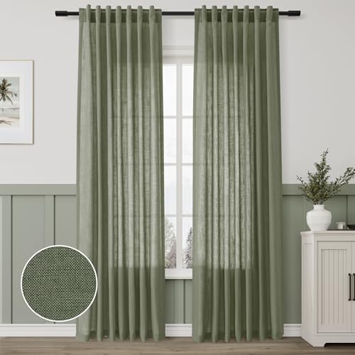 Linen Blend Green Curtains 84 Inches Long 2 Panels for Living Room Back Tab Pocket Light Filtering Sheer Privacy Olive Green Window Curtain Aesthetic Neutral Decor Muted Earthy Tone Drapery Bedroom