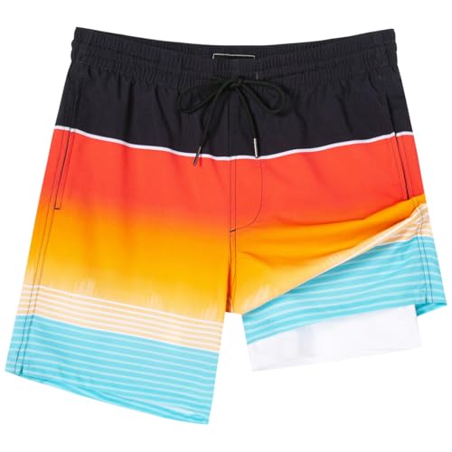 SURF CUZ Mens Swim Trunks with Compression Liner Swim Shorts 7" Swimming Trunks Stretch 7 Inch Swim Suits Quick Dry