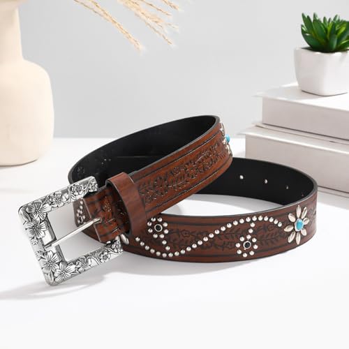 Western-Belts for Women Floral-Turquoise - Cowboy-Cowgirl Embossed PU-Leather-Belt with Flower-Buckle(for 28-38'') 7