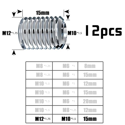 TXXATX 12 Stück Gewindeeinsatz M12 auf M10 x 15mm Gewindehülse Edelstahl Gewindeadapter Set Reduziermutter mit Außengewinde Gewindereduziermutter für Möbelprojekte Automobilen Mechanischen Geräten