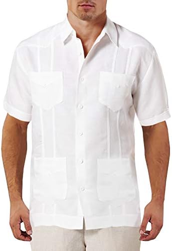 Pengfei Mens Guayabera Shirts Short Sleeve Cuban Linen Cotton Casual Loose Fit Shirts White