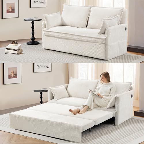 SUNWAVE 60" Queen Pull Out Sofa Bed - Convertible Sleeper Sofa Bed, Corduroy Pull Out Couch with USB Charging, Side Pockets for Living Room, Bedroom, Small Spaces (Cream, 60") - Thumbnail 3