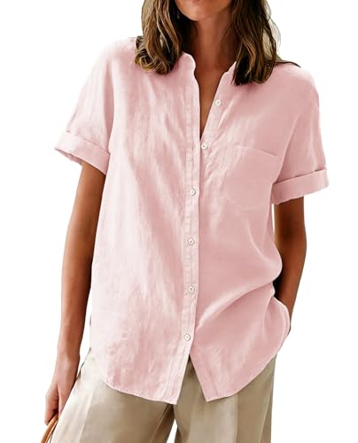 Womens Button Down Shirts Oxford Short Sleeve Cotton Dress Shirts Collared Button Up Casual Blouses Tops with Pocket - Light Pink M