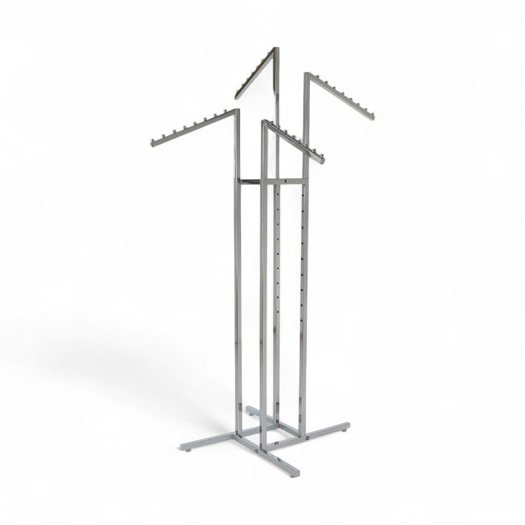 Shoplines Supplies Light Chrome Clothes Display Stand – 4 Adjustable Sloping Arms With 10 Ball-Stops Each – Heavy-Duty Steel Retail Garment Rack – 457Mm Arm Length – Flat-Pack Assembly For Shops & Exhibitions