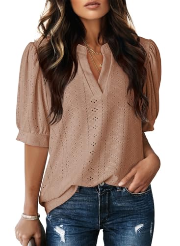Image of Dokotoo Womens Blouses V Neck Puff Short Sleeve Business Casual Tops