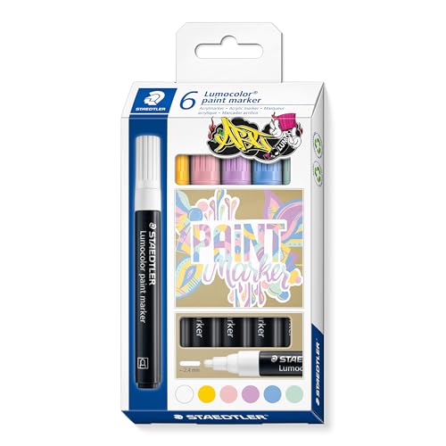 STAEDTLER Lumocolor 349 C6-1 - Pennarelli acrilici, tratto 2,4 mm, colori pastello assortiti, confezione da 6