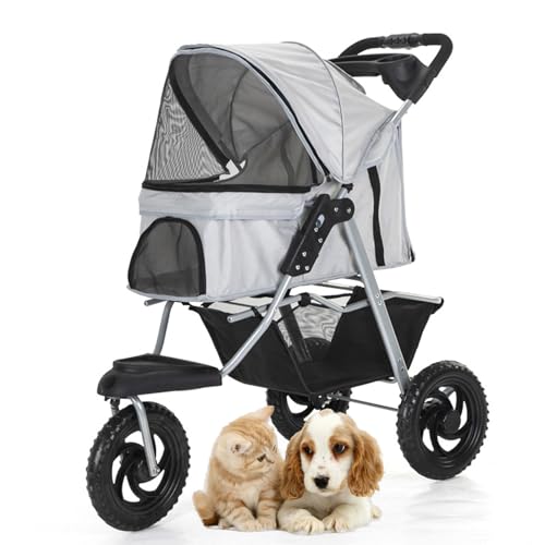 RUYICZB Pet Dog Pram Stroller 3 Large Wheels,Foldable Dog Travel Stroller with Storage Basket,Puppy Travel Stroller with Mesh Canopy and Cup Holders,Gray -  GRAY-66228801