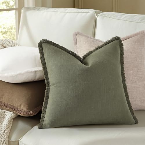 Image of decorUhome Linen Fringe Olive Green Throw Pillow Covers 18x18 Set of 2 | Decorative Soft Accent Modern Boho Farmhouse Cushion Covers with Tassels Cotton Pillow Covers for Couch Bed Sofa