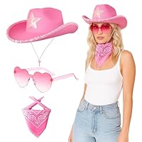 SGFNXB Pink Cowboy Hat, Cowboy Hat Women, 3 Piece Set with Hat, Bandana and Sunglasses for Western Themed Parties, Bachelorette Nights and Music Festivals