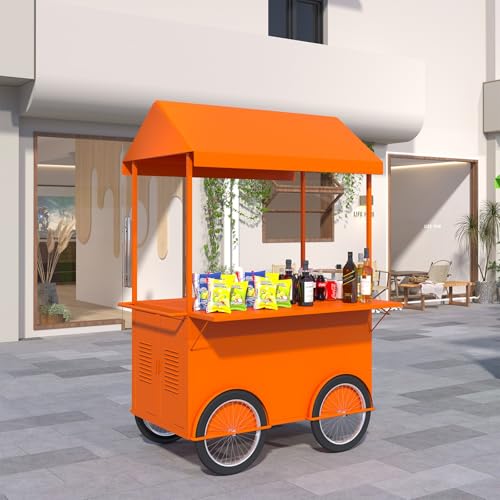 Food Cart for Sale with Canopy, Outdoor Vendor Cart Display Stand with Folding Tabletop & Storage, Mobile Metal Four-Wheel Trolley for Markets, Street Events, Fairs, Pop-Up Shops, Snacks, Crafts