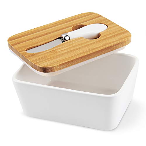 KKTICK Large Butter Dish, Ceramic Butter Keeper with Knife and Wooden Lid, White Butter Holder Perfect for 2 Sticks of Butter Keep Fresh, Porcelain Butter Container
