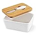 Porcelain Butter Dish, KKTICK Large Butter Keeper Container with Wooden Lid and Steel Knife, Butter Holder in Kitchen Keep Butter Fresh - Easy to Clean (White)