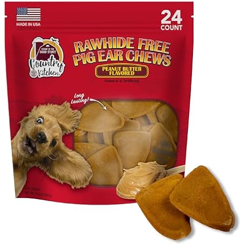 Country Kitchen Rawhide Free Pig Ear Chews Dog Treats, Peanut Butter Flavor, 24 Count Cover