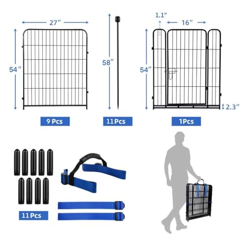 Image of ADAVIN Tall Garden Fence 54 in(H)x22.1 Ft(L),10 Panels Dog Fence Outdoor for Yard, Heavy Duty Iron Metal Fence with Gate Low Threshold, No Dig Fences Panels, Animal Barrier Fences, Black
