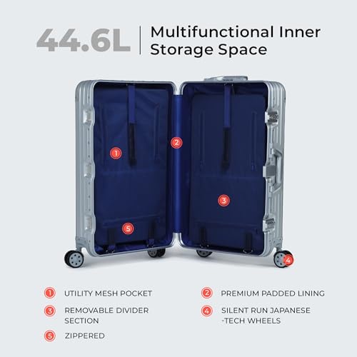 Image of Verage Luxe Secure Jet Full Aluminium Body (44 Liters) Cabin Size Luggage with Zipper Less Frame Closure & Dual TSA Clasp Locks Spinner Suitcase Trolley Bag (Silver, 20 inch / 57 Cms)