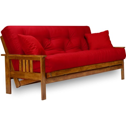 Nirvana Futons Stanford Futon Set - Full Size, Frame, 8' Mattress, Twill Red Cover