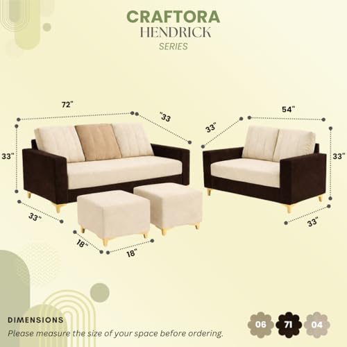 Image of Hendrick Plush Velvet 3 Seater + 2 Seater Sofa Set with 2 Ottoman | Silken Velvet Upholstery | Golden Legs | Designer Set for Living Room & Office Spaces (Cream, Beige & Dark Brown)