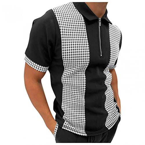 Polo Shirts for Men,Men's Shirts Short Sleeve Casual Vintage Block Zipper Turn-Down Collar Blouse Button Slim Golf Shirts