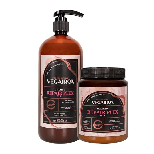 VEGAIROA Pack Repair Big – Champú 1000 ml y Mascarilla 1000 ml para cabello dañado – Reparación intensiva con pH equilibrado – Fórmula vegana profesional