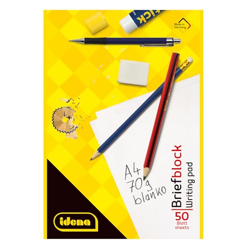 Idena 90430 - Block blanko A4, 10 Stück, Schreibblock mit 50 Blatt und ohne Rand, 70g/m² Papier ungelocht und kopfgeleimt