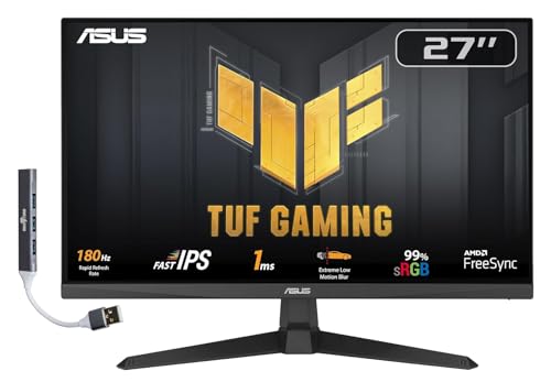 ASUS TUF Gaming 27' 1080P FHD IPS Monitor with 1ms Response Time, 180Hz, Anti Glare, Flicker Free, VESA Mount, Built-in Speakers, Displayport, HDMI & Dockztorm USB Port Expander, Black (VG279Q3A)