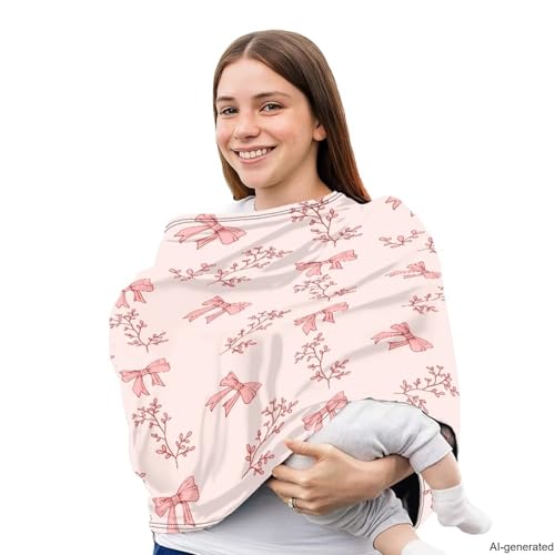 Image of Baby Car Seat Cover Girl Infant Car Seat Canopy Covers for Newborn, Soft Breathable Carseat Covers Stretchy Multi-Use, Pink Bow