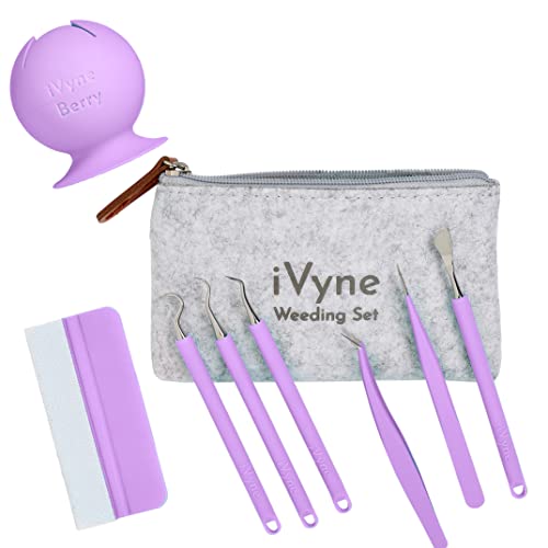 iVyne Lot de 8 outils de désherbage en vinyle de qualité supérieure avec baie, désherbeur, pince, pince à épiler, crochet et grattoir pour Silhouette Cameos et Cricut – Violet