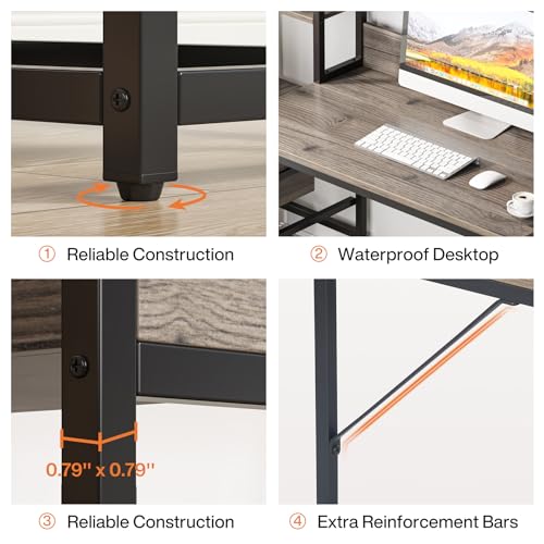 Image of Tribesigns 55 Inch Computer Desk with 2 Drawers and Storage Shelves, Rustic Office Desk with Hutch, Study Writing Gaming Table Laptop Workstation for Home Office (Grey)