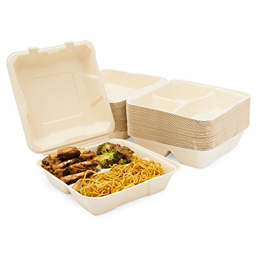 Bagasse Clamshell Food Containers Disposable Take Out Boxes 8 x 8 x 3 In 50 Pack