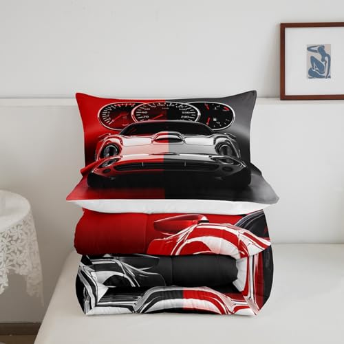 Image of Feelyou Red Black Race car Comforter Set Toddler Size Speed Sports Car Bedding Set for Kids Teens Racing Car Comforter Extreme Sports Duvet Set Decor Automobile Quilt 2Pcs