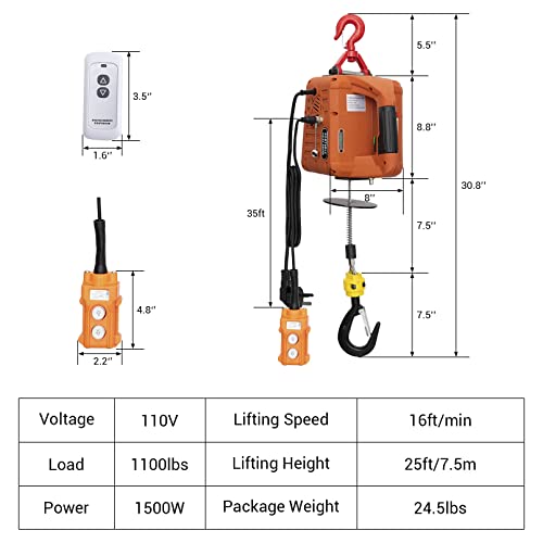 Kelelm 3 In 1 Electric Hoist Winch, 1100Lbs Portable Power Electric Winch, 1.5Kw Winch Crane With Wire And Wireless Remote Control, Overload Protection 25Ft Lifting Height For Towing 110V #TOP5