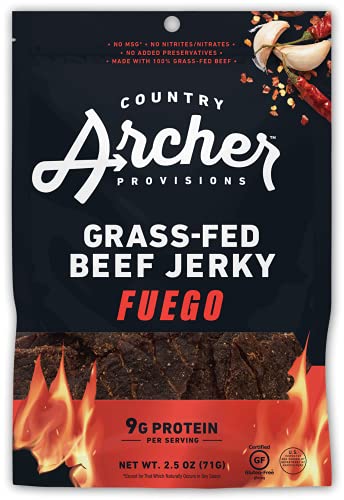 Country Archer Grass Fed Beef Jerky - Beef Jerky Snack Pack, Beef Jerky Bulk, Individual Beef Jerky Pack, Protein Snack, Country Archer Beef Jerky, Gluten Free - Fuego Flavor, 2.5 oz (Pack of 4)