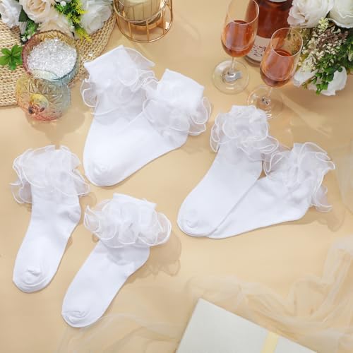 Image of Geyoga 3 Pairs Women Big Ruffle Socks Turn Cuff, Double Lace Ankle Cotton Frilly Socks for Ladies Summer