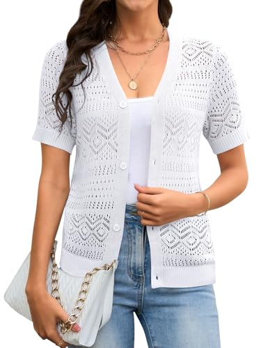 Image of Women's Summer Short Sleeve Cardigans Lightweight Crochet Sweaters V Neck Button up Cardigan for Dress