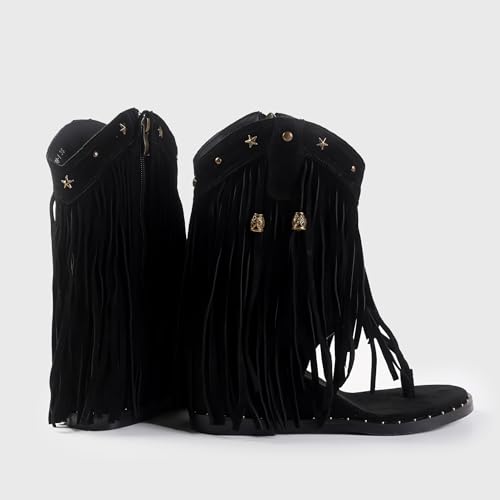Image of Women's Bohemian Tassel Gladiator Sandals Brown Suede Thong Flip Flops for Fringe Summer Wedge Heel Sandal with Rivets Western Shoes