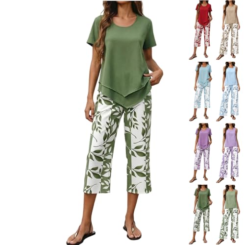 Women Two Piece Outfits Sets Summer Womens 2 Piece Outfits Summer Capri Sets Tiered Top With Wide Leg Floral Capris Pants Beach Vacation Travel Lounge Set(01-Green X-Large)