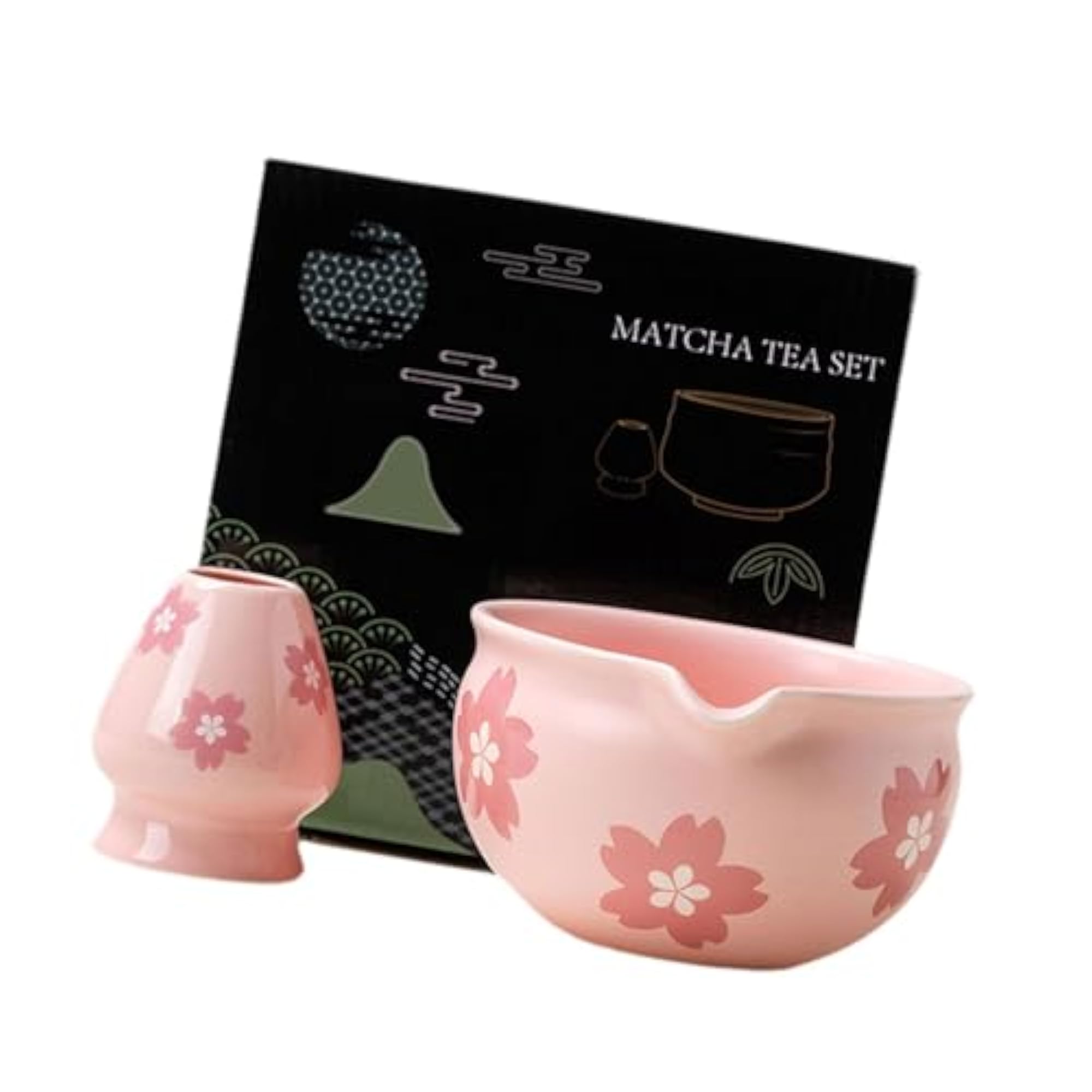 2 Pieces Ceramic Matcha Bowl Set with Whisk Holder, C