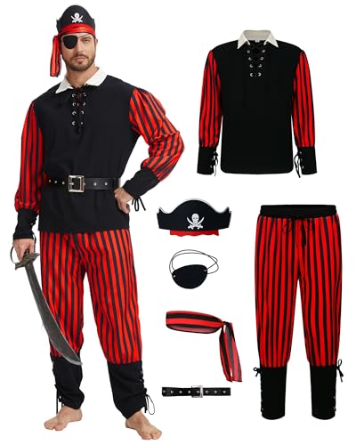 OPAEHJF Costume de pirate médiévale pour homme, costume de pirate de la Renaissance, avec accessoires de pirate, pour carnaval, cosplay, noir, taille S