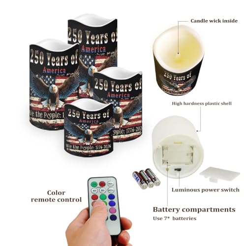 Image of We the People Flameless LED Candles American Flag Bald Eagle Lamp Battery Operated Flickering Timer 250th Anniversary Candle Aesthetic Cozy Minimalist Home Decors Set of 4