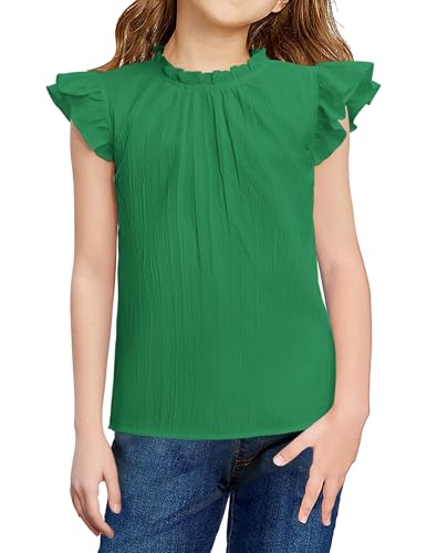 Arshiner Camisetas para Niñas Blusa De Verano Verde Camisa con Mangas con Volantes Camisetas con Cuello con Volantes Niños Tops De Moda Monocolor Tops De Ocio Ropa 7-8 Años