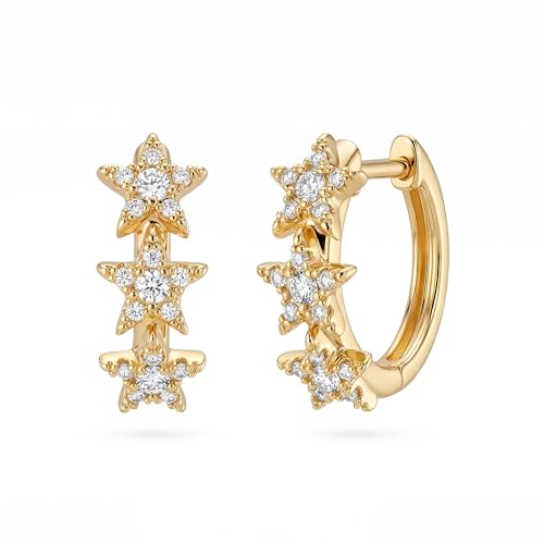 MYEARS Women's Gold Diamond Huggie Hoop Earrings, Small Trio Cluster Star, Hypoallergenic, Gift Box