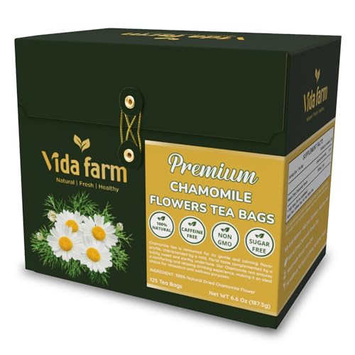 Image of VIDA FARM 125 Chamomile Tea Bags, Natural Chamomile Flowers Tea Bags, Dried Herbal Flowers, Sugar Free, Caffeine Free, Gluten Free