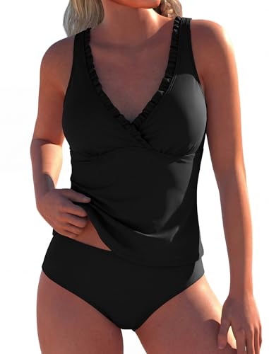 ZAFUL Womens Tummy Control Bathing Suits Modest Swimsuits Two Piece Tankini Top with High Waisted Bottom Black M