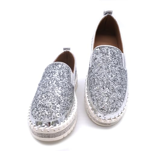 Image of Women's Platform Rhinestones Glitter Fashion Sneakers Comfortable Slip On Flat Loafers Walking Wedding Dress Shoes Casual Shoes