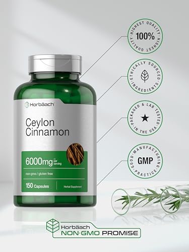 image for Horbäach Ceylon Cinnamon Supplement 6000 mg | 150 Capsules | Herbal E