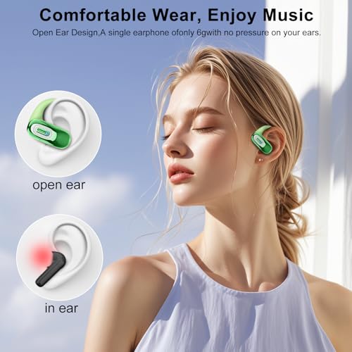 Image of Open Ear Headphones, Bluetooth 5.4 Earbuds, 50H, Air Conduction Ear buds, HD Stereo Bass Over Ear Earphones with Earhooks, Ultra-Comfort Secure Fit, IPX7 Waterproof Headset for Working Sports, Green